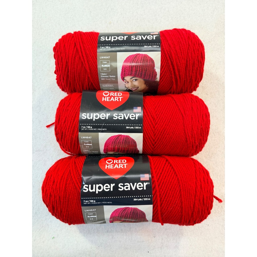 Red Heart Super Saver Yarn Cherry Red 0319 Medium 4 Acrylic 3 Skeins 1092 Yds